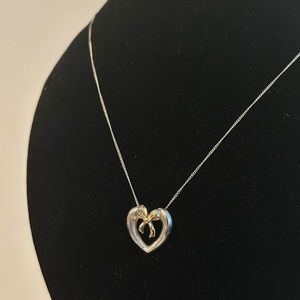 Tiffany And Co 925 Silver 18K Gold Heart Ribbon Bow Necklace